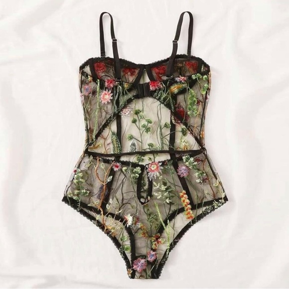 Floral embroidered black lace mesh sexy bodysuit lingerie teddy, multi sizes NWT - Picture 3 of 7